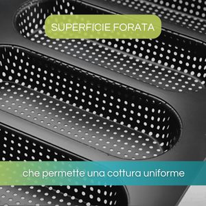 Teglia da forno per sandwich e baguette 34,6x21,5 cm 4 stampi perforati 7x17 cm in acciaio al carbonio antiaderente - Product Image 5