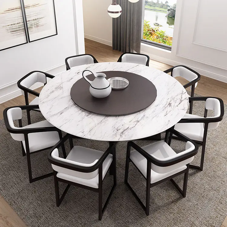 Modern solid wooden frame marble top round dining table with turntable for dining room furniture