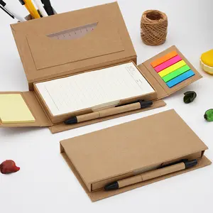 Gecombineerd Sticky Notes Papier Doos Kraft Cover Notepad 5 Kleuren Pet Oem Aangepaste Logo Stijl Pads Met Pen En Heerser