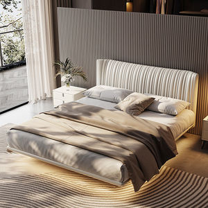Juego de cama flotante moderno en forma de concha, cama de cuero tapizado de diseñador de estilo crema, marco de cama King de Hotel de lujo con luz - Product Image 1