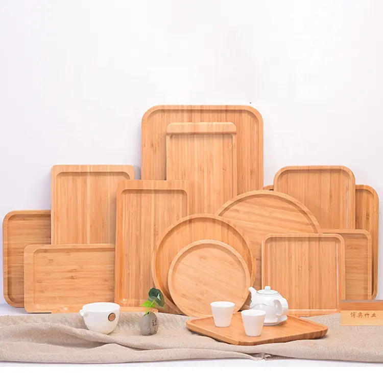 Wholesale Custom Logo Natural Wooden Round Rectangle Breakfast Serving Tray Bamboo Tea Trays Wood Plate for Food Set