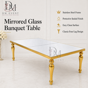 Table de banquet rectangulaire haut de gamme en acier inoxydable avec plateau miroir et pieds tournés pour l'approvisionnement de projets hôteliers et événementiels - Product Image 1