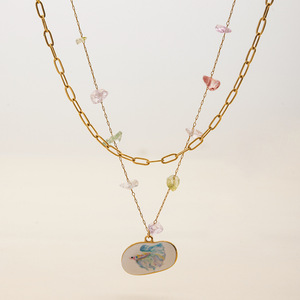 Collar de acero inoxidable de doble capa con piedras de colores y colgante ovalado para mujer, joyería de moda. - Product Image 3