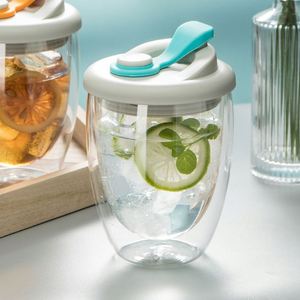 Tasse à café au lait en verre transparent à double paroi, verre borosilicate avec couvercle, tasse à jus créative pour la maison - Product Image 1