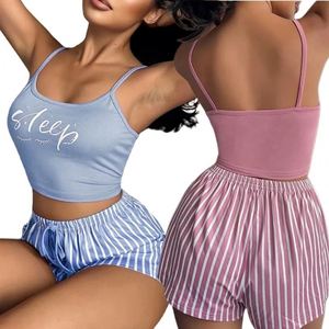 Ensemble pyjama pour femmes, veste à imprimé lettres, short rayé, deux pièces, camisole et short, vêtements de nuit - Product Image 1
