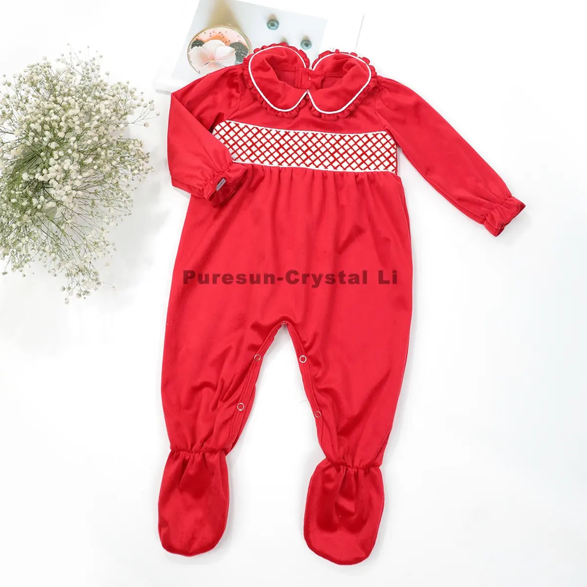 Puresun New Arrival Baby Girl's Long Sleeve Romper Red Velvet Material Casual Summer Smocked Pajamas Ruffle Smocked Baby Grow