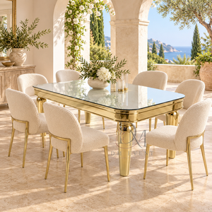 Table de réception rectangulaire moderne en verre miroir doré en acier inoxydable avec coins arrondis et pieds coniques pour la vente en gros - Product Image 1