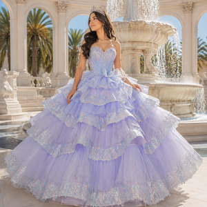 Robe de bal Quinceañera exclusive 6976 bleu violet sans bretelles avec appliques en cristal, perles et imprimé, traîne chapelle naturelle, longueur ras du sol - Product Image 1