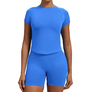 Allure Body <b>Women's</b> Seamless Yoga Set Round Neck <b>Short</b> <b>Sleeve</b> Tight Fit Sports Wear Cycling Outdoor Fitness Clothing - Product Image 3