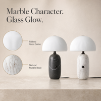 Lampe de table contemporaine en marbre en forme de champignon, lampe de chevet, abat-jour en verre côtelé, base en marbre naturel, lumière LED douce pour les yeux