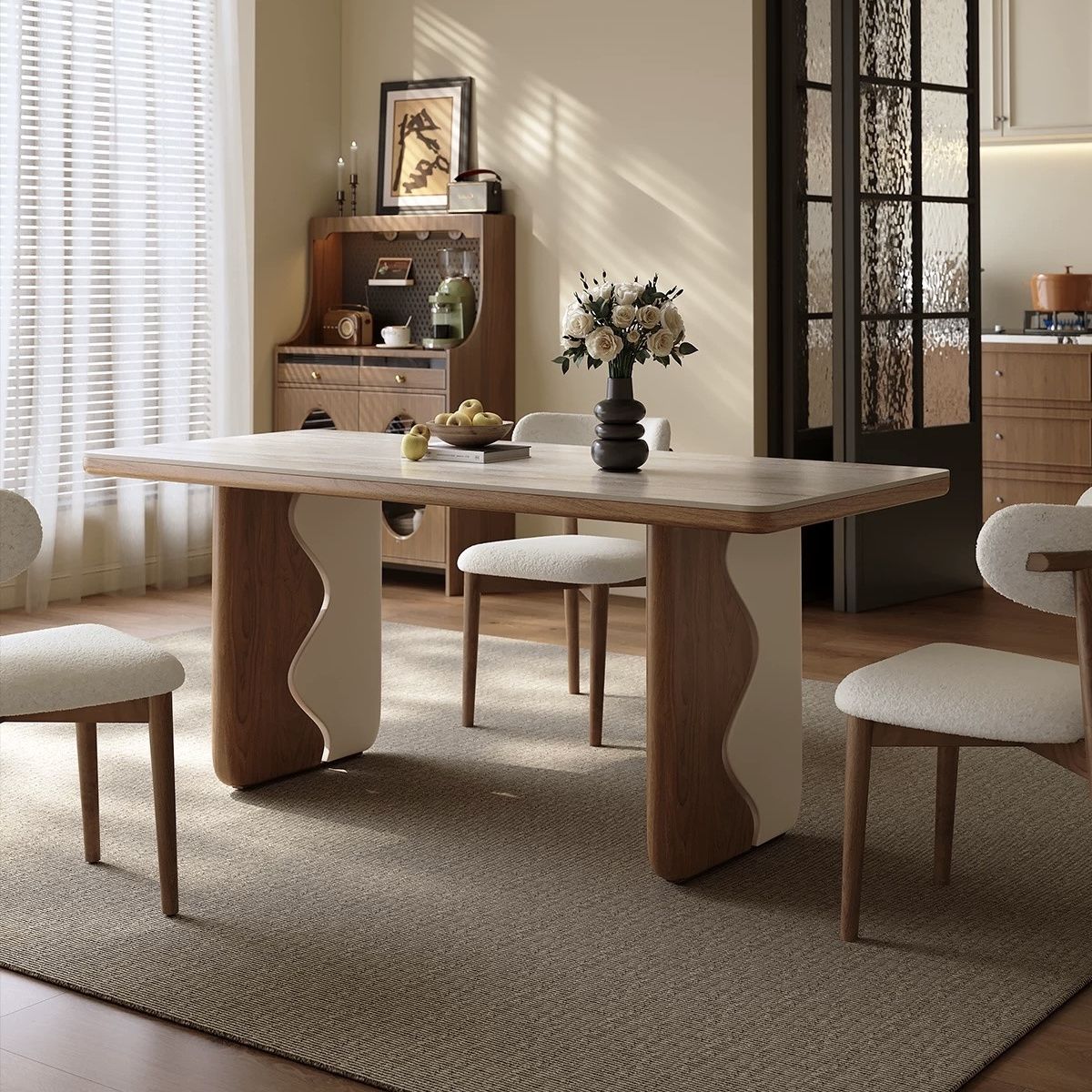 Mesa individual bicolor de madera maciza con losa de travertino