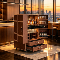 Mini-bar portable de luxe avec miroir et tiroirs, meuble de rangement à vin en cuir véritable à double porte pour la maison