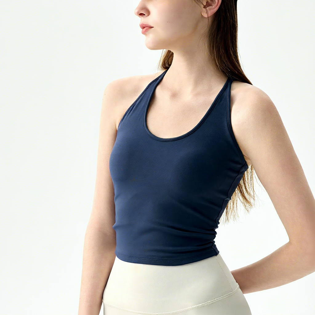 Soft Beautifully Crafted Deep U-Neckline Nylon Sleeveless Sports Bra Women Skin-Friendly Nude-Look Yoga Vest Chest Fitness Fit