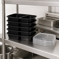 Contenants de préparation de repas à 2 compartiments avec couvercles, modèle américain 6828, en plastique noir moulé par injection, sans BPA, réutilisables, compatibles micro-ondes