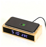 Chargeur sans fil en bambou avec réveil numérique, horloge de bureau à affichage LED avec température, fonction snooze pour chambre à coucher et bureau