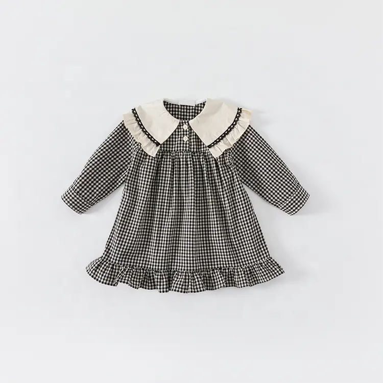 Детское кружевное платье От 3 до 10 лет девочек в клетку с длинными рукавами из чистого хлопка с воротником с рюшами
