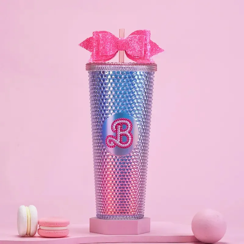 RTS Kunststoff-Knotenknoten 24 Unzen gestöpfter Bling Bling Barbie rosa Kaffeebecher mit Strohhalm