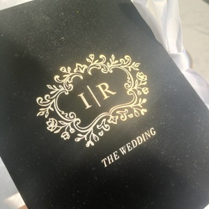 Custom Gold Foil Monogram Faire <strong>Part</strong> De Mariage clear Acrylic Wedding Invitation Card with Black Velvet Folio Pocket RSVP Set - Product Image 5