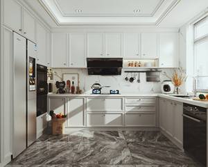 Meubles de <span class=keywords><strong>cuisine</strong></span> haut de gamme en L sur mesure avec panneaux <span class=keywords><strong>Egger</strong></span>, finition mate et meuble d'appareils intégré pour <span class=keywords><strong>cuisine</strong></span> de villa - Product Image 1