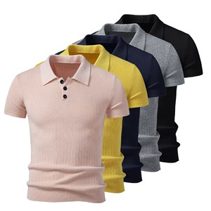 Polo en tricot pour homme, manches courtes, coupe ajustée côtelée, col classique, boutons, haut décontracté pour affaires - Product Image 2