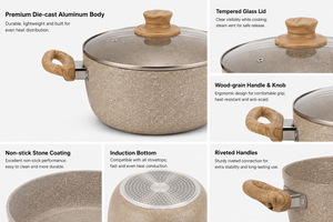 Juego de 9 utensilios de cocina antiadherentes de granito, ollas y sartenes de aluminio con asas de imitación madera y tapas de vidrio - Product Image 2