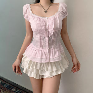 Blusa de Verano para Mujer con Volantes y Adornos de Encaje, Manga Corta, Ecológica, Transpirable, con Botones y Pliegues Tejidos - Product Image 5