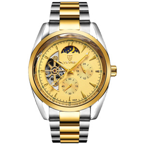 Reloj de hombre con esfera grande de 42 mm en negro y dorado, con iluminación nocturna, correa de acero impermeable y movimiento mecánico automático. - Product Image 4