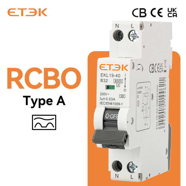 ETEK Type RCBO Curve B 32A 18mm Residual Automatic Circuit Breaker DPN MiniatureLeakage Protection 220-240V 50/60Hz Copper