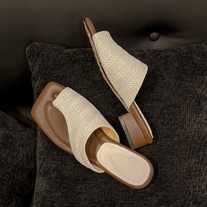 Manufacturer Custom Real Leather Ladies Straw Woven Sandals Comfortable Padding Insole 4cm <b>Block</b> Heel Women Slide Sandals - Product Image 6