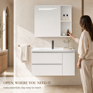 Meuble-lavabo mural blanc en aluminium alvéolé avec miroir LED, <span class=keywords><strong>rangement</strong></span> latéral, vasque et tiroirs, et lavabo en céramique - Product Image 1