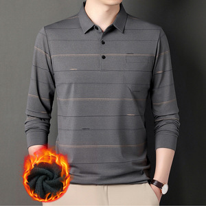 <span class=keywords><strong>Polo</strong></span> da Uomo a Maniche Lunghe con Colletto a Risvolto, Foderato in Pile, a Righe, Stile Business-Casual per Autunno e Inverno - Product Image 1