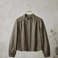 Blouson bomber court en cuir d'agneau véritable pour femme, gris kaki, doux et mat, col montant mini, coupe ample, décontracté