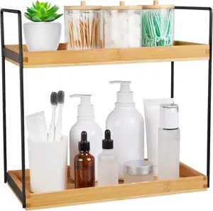 Wholesales Counter Shelf Multipurpose Bathroom Trays 2 Tier Wooden Bathroom Accessories Countertop Organizer