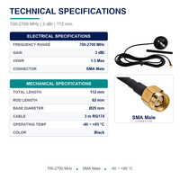 Antenne à ventouse 4G LTE large bande 700-2700 MHz 3 dBi avec connecteur SMA mâle et câble RG174 de 3 m pour routeur, passerelle et surveillance à distance