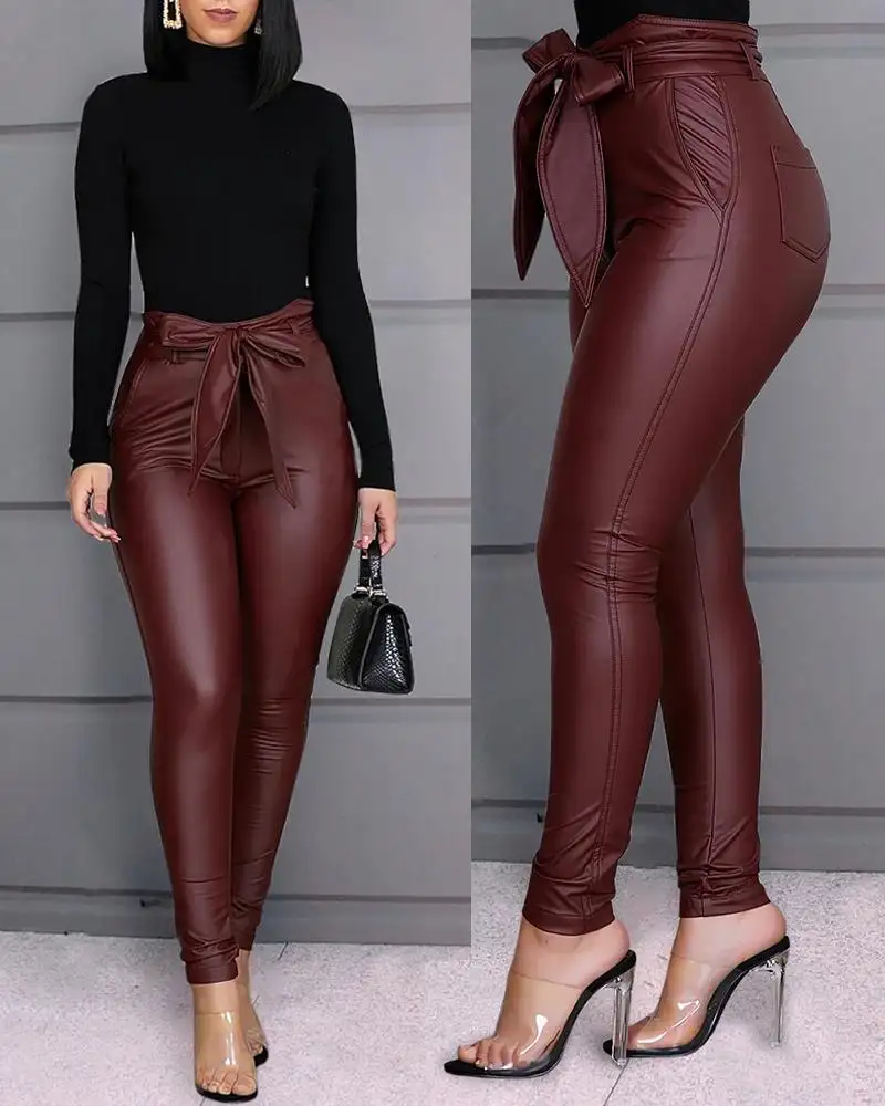 S-3XL de moda de la PU Casual pantalones de cuero pantalones Plus tamaño de Color sólido pantalones polainas cinturón lápiz de cuero de la PU Pantalones