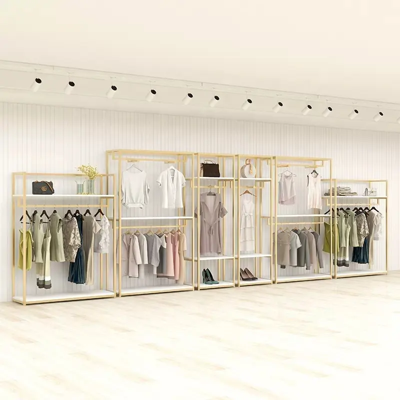 Einzelhandel geschäft Befestigung hängende Kleidung Custom Lady Shop Design Metall Gold Kleidung Kleid Display Rack
