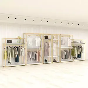 Retail Store Fixture Hanging Clothes Custom Lady Shop Design Metal Gold Clothing Dress Display Rack