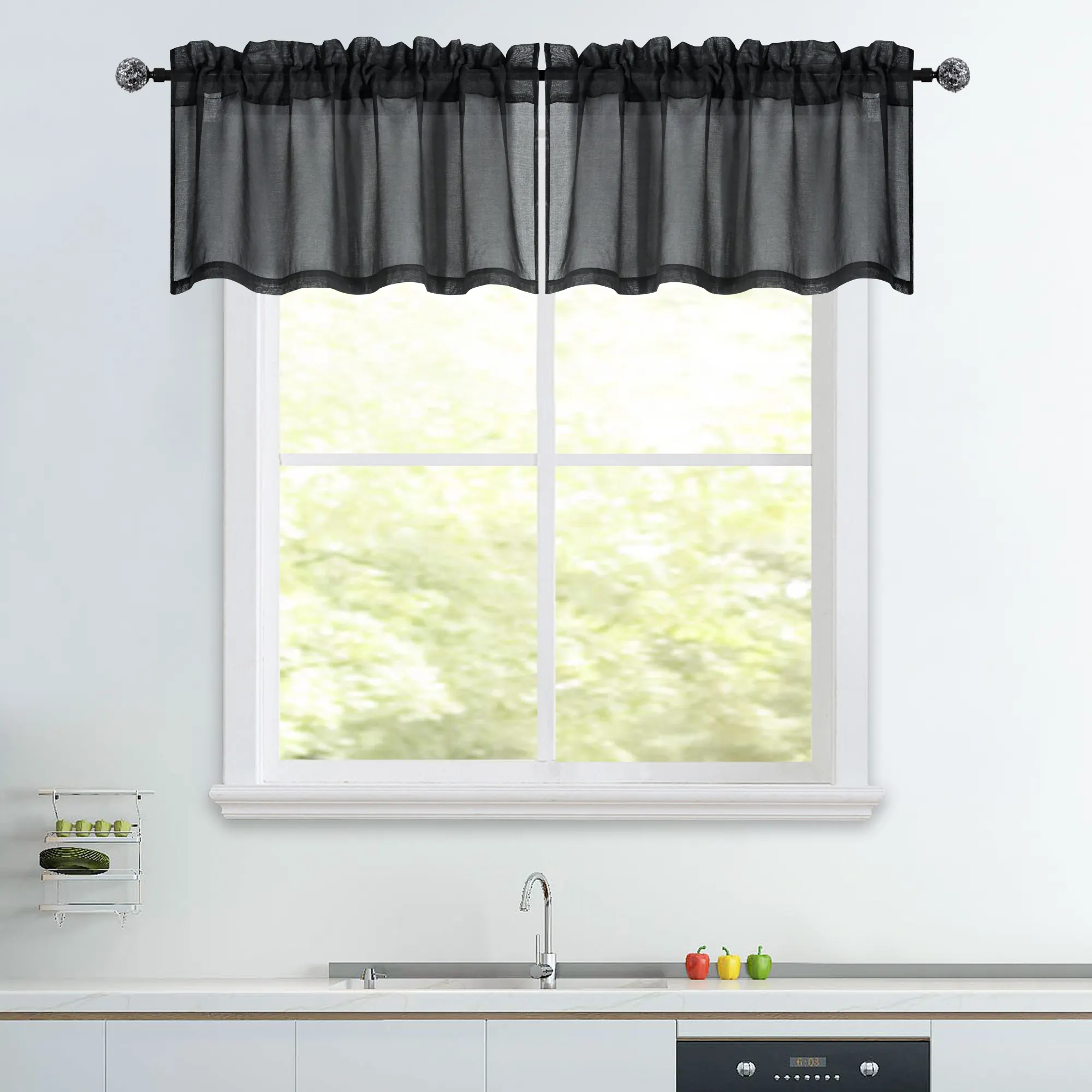 Black Solid Sheer Valance for Living Room Rod Pocket 100% Polyester 52"x18" , 2 pieces/package