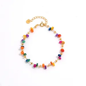 925 Sterling Silver Gemstone Jewelry 18K Gold Plated Gem Rainbow Natural Shell Coloured Stone Hand Beaded Bead Chain Bracelet