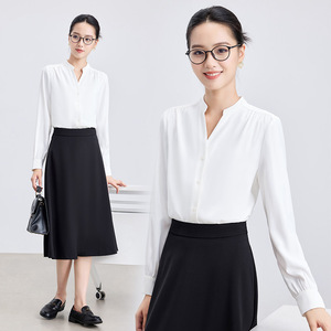 White Long Sleeve Shirt Women V Neck Solid Color Poplin Work Blouse Spring Autumn Formal Wear - Product Image 4