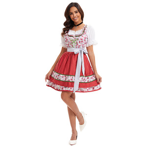 Yi Xiaoyi Bavarian Maid Costume Women Adult Oktoberfest Dress <b>Red</b> Floral Print With White <b>Blouse</b> And Bow Belt - Product Image 5