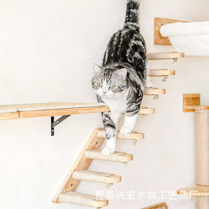 Estructura de escalada para gatos, montada en la pared, escalera de madera maciza, poste rascador de cuerda de sisal, hamaca para gatos grandes, color madera natural duradero. - Product Image 4
