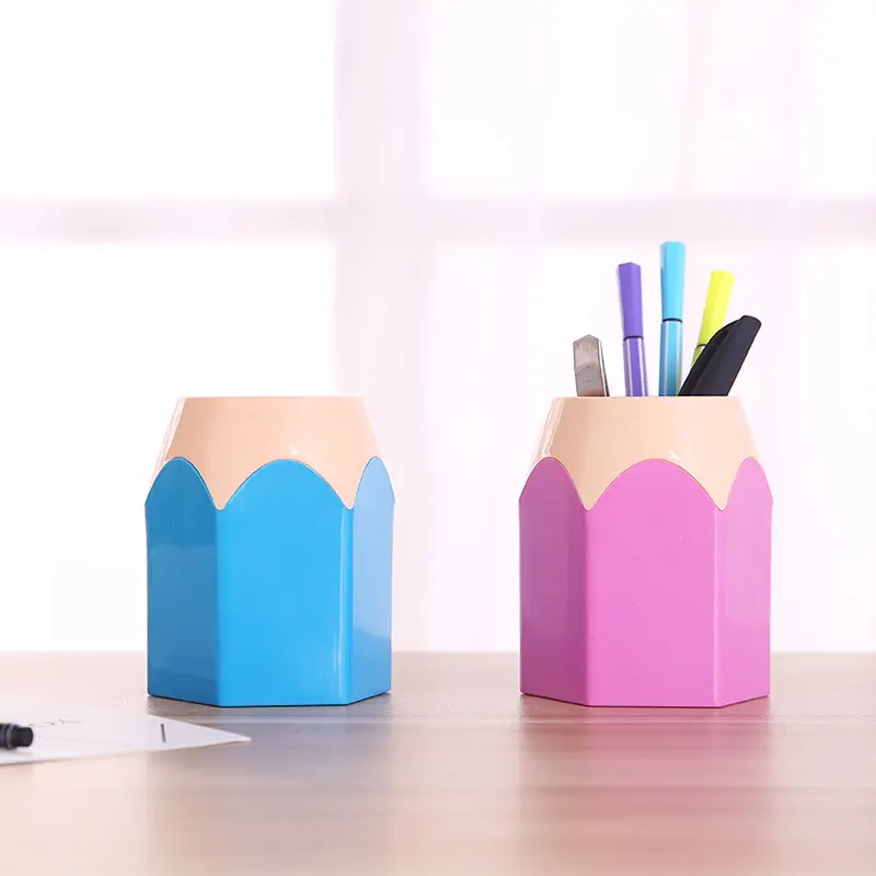 Custom color cute kawaii hexagon desk giant jumbo pencil shape pen holder for school kids