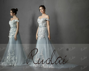 Ruolai LWC6738 a spalla Off 3D fiori tubino abito di <span class=keywords><strong>pizzo</strong></span> con gonna rimovibile abito lungo <span class=keywords><strong>da</strong></span> sera - Product Image 4