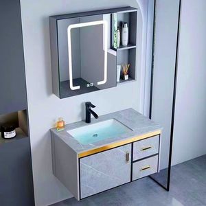 Mobile Bagno di Lusso Moderno Sospeso con Specchio e Lavabo Integrato in Alluminio - Product Image 1