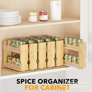 Étagère à épices coulissante en bois à double niveau pour le rangement des bouteilles et bocaux à condiments, organisateur de comptoir de cuisine - Product Image 3