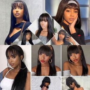 Straight <b>Wig</b> <b>Black</b> <b>Women</b> Cuticle Aligned Virgin Remy Human Hair Bangs Machine Made Brazilian Hair Transparent Long Length - Product Image 3