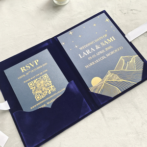 Juego de invitaciones personalizadas de terciopelo rosa con relieve dorado para trousseau de boda, tarjeta de votos de boda de acrílico - Product Image 4