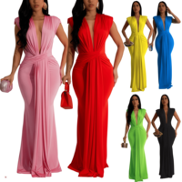 A7375 Fashion Women Elegant Dress Summer Sleeveless Belt Deep V-neck Low Cut Dress Pleated Bodycon Sexy Party Dress for Women