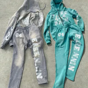 Custom Streetwear Washed Flared Tracksuits Digital Printing Vintage Acid Wash Sun Faded Sweatpants And Cropped Hoodie Set